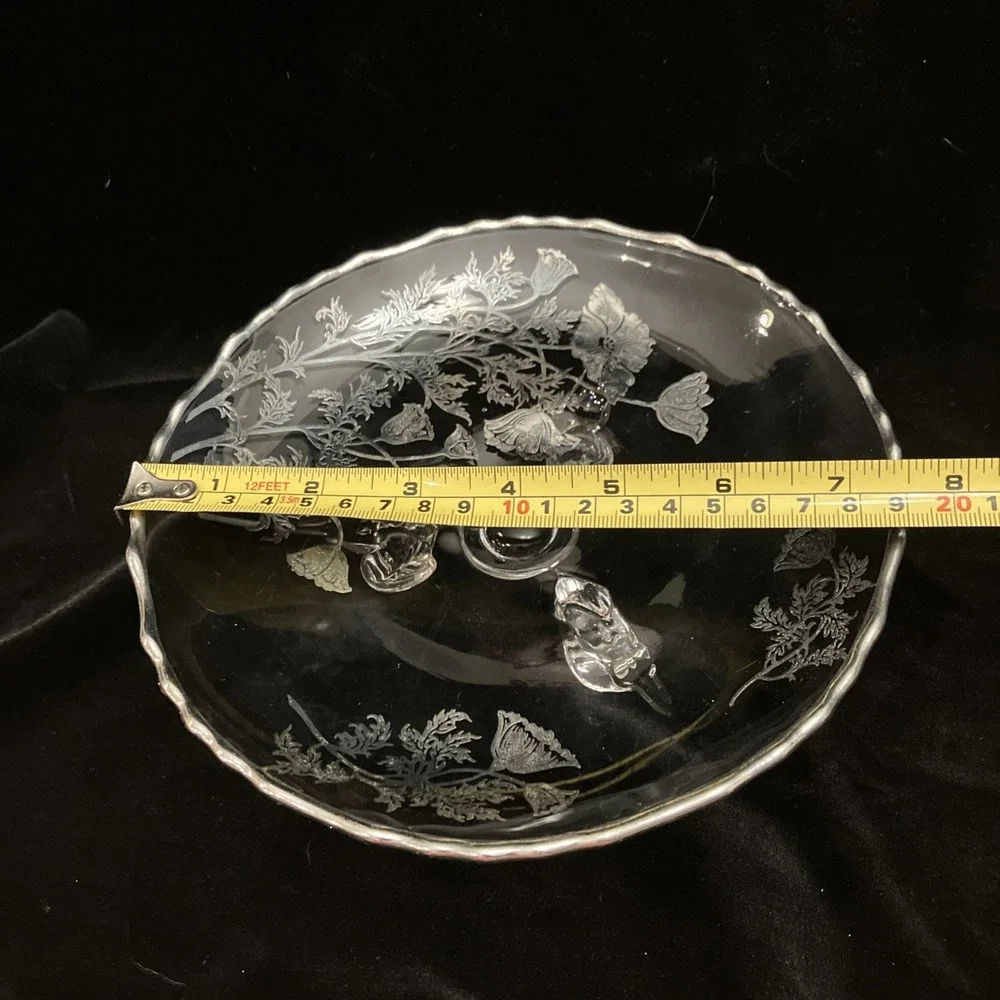 VTG Silver City Flanders Silver Overlay Glass Footed Tray Poppy Floral Design